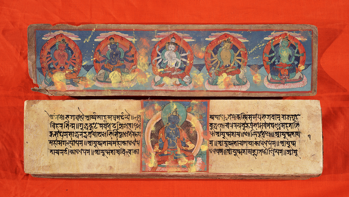 The oblong pages of this palm-leaf style (pothi) book are covered with Sanskrit phrases (mantra) to treat illness, prevent disaster, and grant wellbeing. The five protective goddesses pictured here embody the five Buddhist mantra collections that make up the text, which continues to be used during festivals in today’s Nepal.